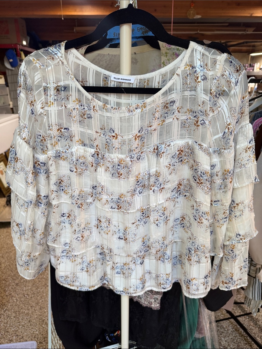 Club Monaco Cream Sheer Floral Ruffle Blouse